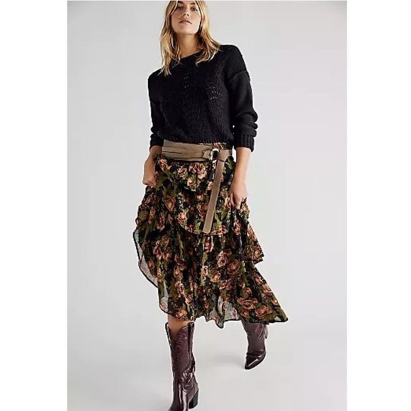 Free People Sawyer Floral Tiered Maxi Skirt - Black, Orange, & Green size Small - Picture 2 of 12